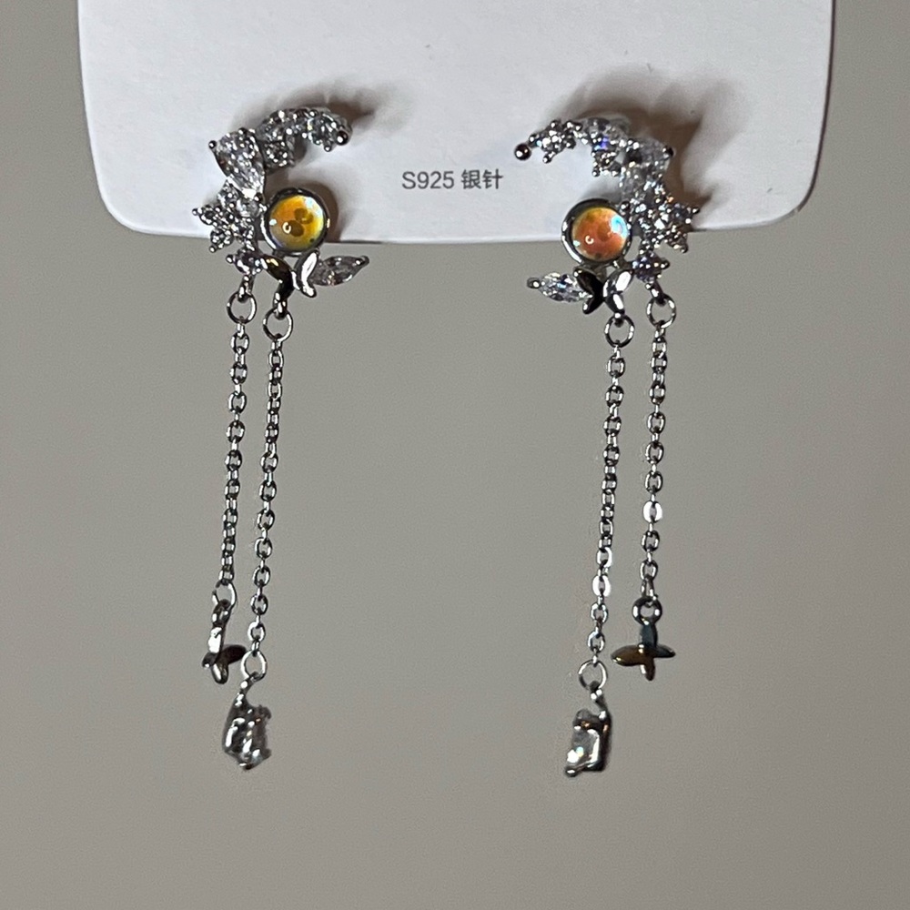 Silver Butterfly and Moon Dangle Earrings